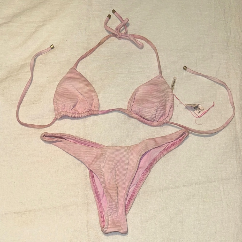 Vitamin A Light Pink Ribbed Triangle Bikini Set Small